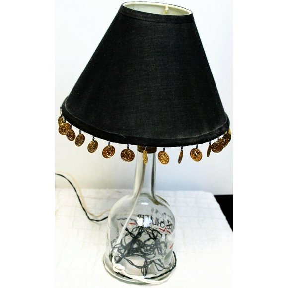 Goldschlager Table Lamp Clear Bottle Black Shade Coin Fringe Handmade Rice Light - Picture 8 of 12